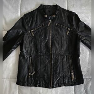 Jou Jou Women's Black Leather Jacket with Zipper Details